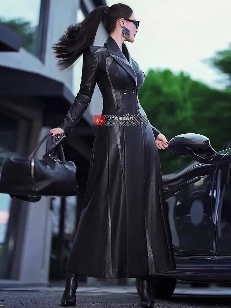 Lautaro Lente Herfst Lange Ingerichte Zwarte Patchwork Pu Leren Jas Dames Double Breasted Elegante Chique Luxe Designer Kleding