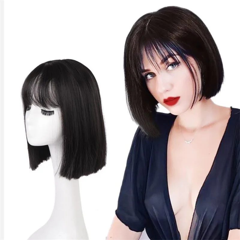 

Faionable Women's Synthetic Hair Wig Fringe Bobo Sle Straight Hair Piece Heat Silk Material Hair Replacement for Women