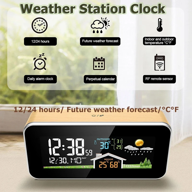 

Wooden Weather Station Alarm Clock LED Digital Thermometer Hygrometer Wireless Indoor Outdoor Temperature Humidity Meter Sensor