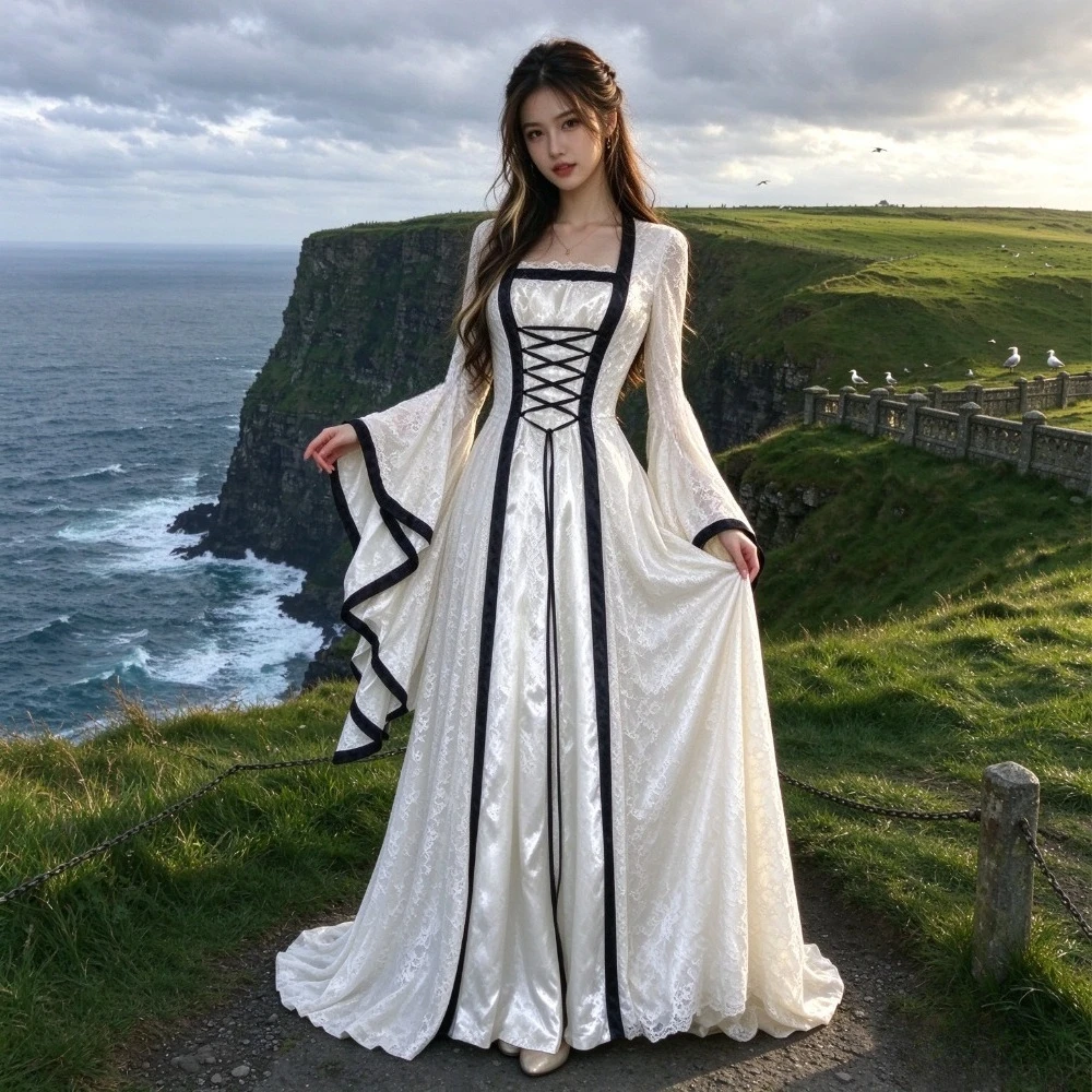 Customized Vintage Lace Medieval Evening Dress 2026 Square Neck Tight Corset Bell Sleeves A-line Ball Gown Suitable for Parties