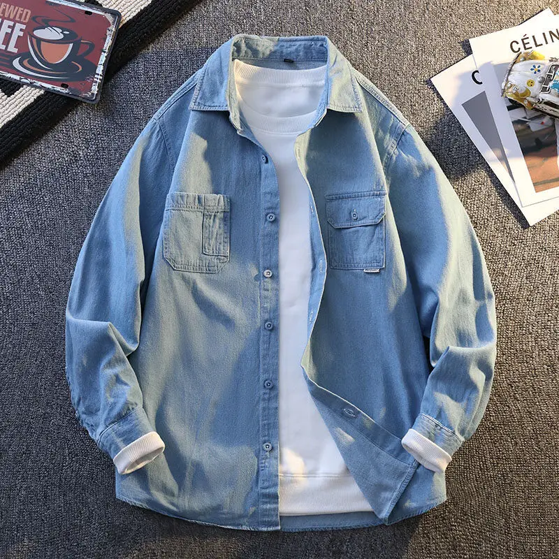 

Washed Denim Shirt Men's Loose Fit Short Sleeve Plain Color No Ironing Needed Youth Spring Autumn Fashionable Casua