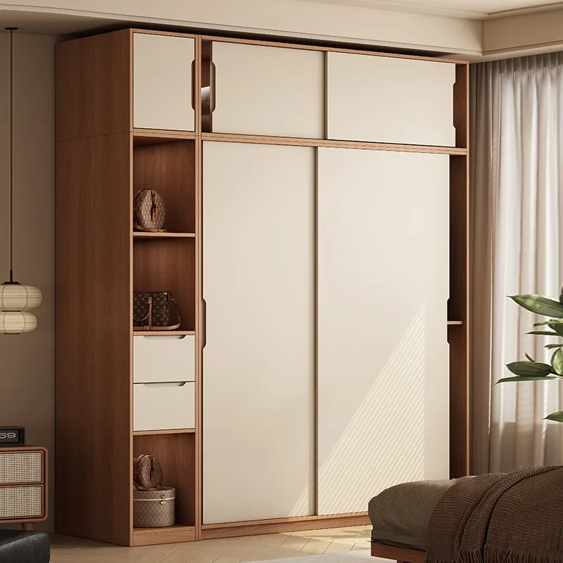 Cream wind all solid wood explosion sliding door wardrobe bedroom home modern simple log color wardrobe 2025 new