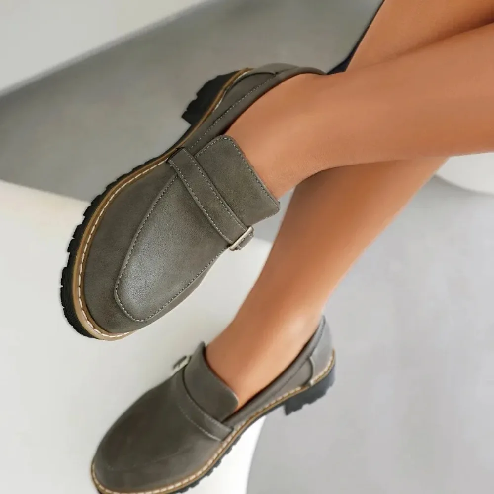 Women Black Leather Square Buckle Platform Chunky Sole Slip on Loafers Vintage College Dress Shoes