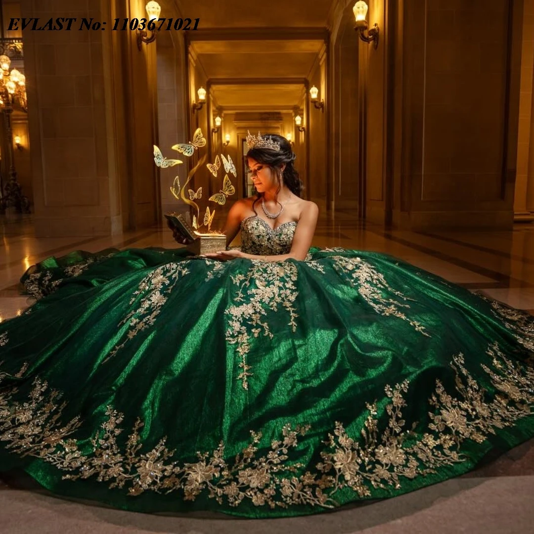 EVLAST Customized Emerald Green Ball Gown Quinceanera Dress Gold Lace Lace Applique Beads Corset Sweet 16 Vestidos De Anos SQ390