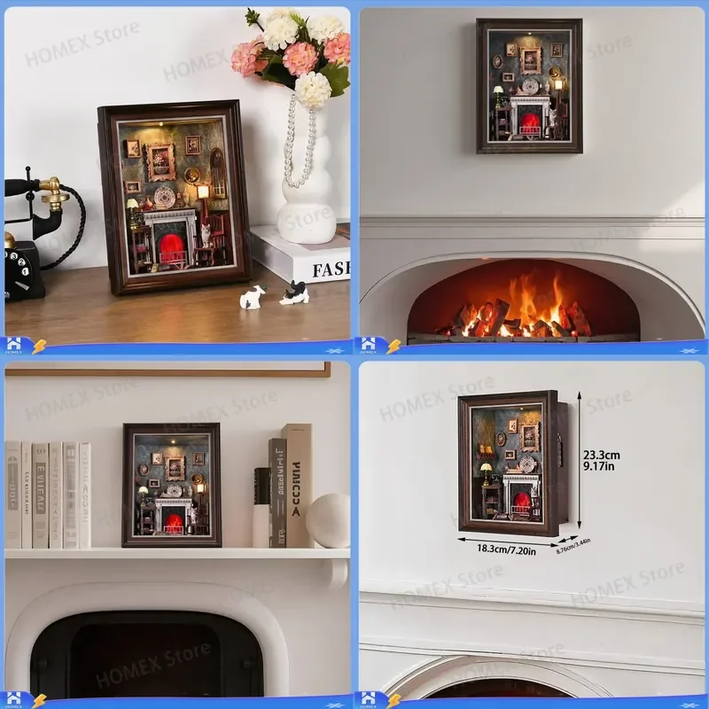 3D Wooden Puzzle DIY Miniature House Model Kit Creative Fireplace Photo Frame Handmade Dollhouse Wall Decor Home Ornament