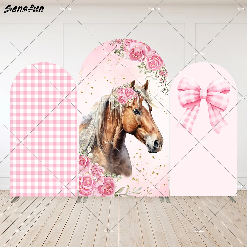 

Pink Grid Checkered Baby Shower Arch Backdrop Cover Bow Flowers Horse theme Girls Birthday Party Arched Wall Background 2-Sided