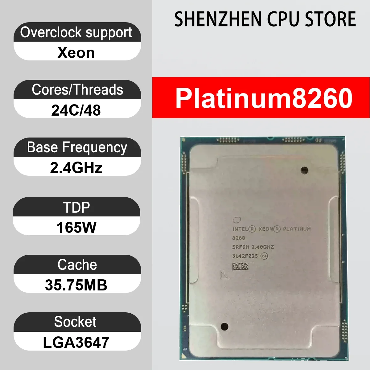 Intel Xeon Platinum8260 24 Core 48 Thread 2.4GHz 165W 35.75MB Cache 14nm Cascade Lake-SP DDR4-2933 MHz SRFNE LGA3647