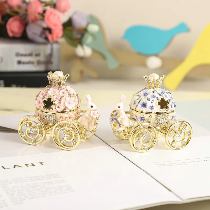 Enamel Rabbit Carriage Jewelry Box Pink Wedding Ring Storage Case