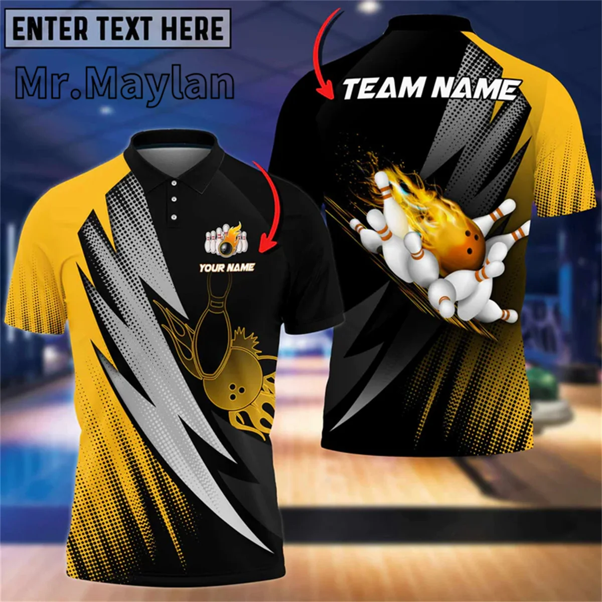 Customized Fire Blaster Bowling And Pins Multicolor 3D Polo Shirt Custom Name Team Shirts Men\'s Gift For Bowling Lover Tops D-11