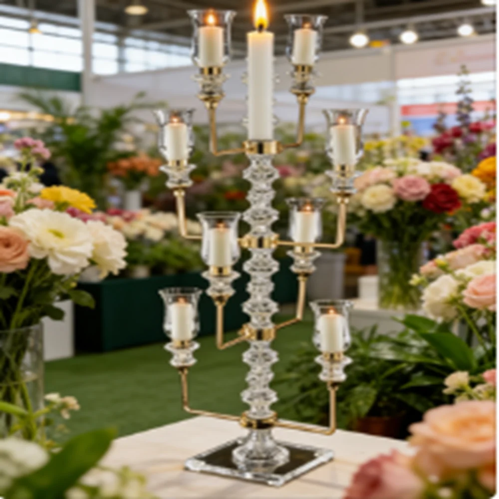 

2pcs Crystal Backdrop Wedding 9 Arm Crystal And Gold Candle Holder Candelabra Crystal Candlesticks Wedding Road Lead Backgrounds