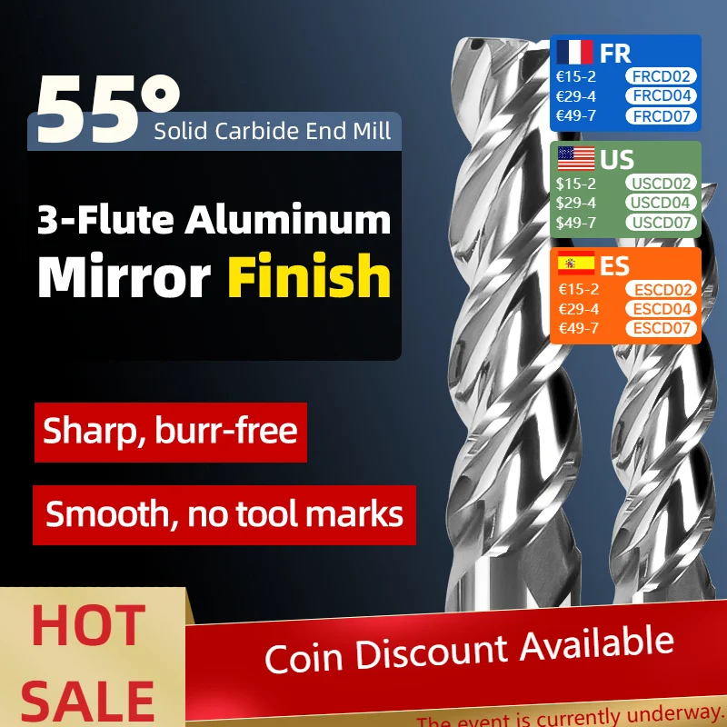 

55 ° Трехзубчатая концевая фреза с плоским дном, из специальной вольфрамовой стали, с зеркальной полировкой, для ЧПУ, для алюминия/меди