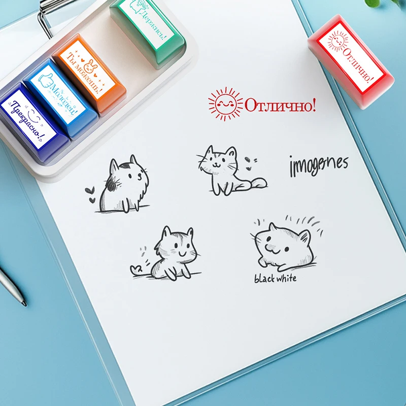 5/8Pcs Parent Signature Teacher Auto-Refilling Stamp Set Homework Teacher Supplies With Storage Tray Graded Classroom Stamps