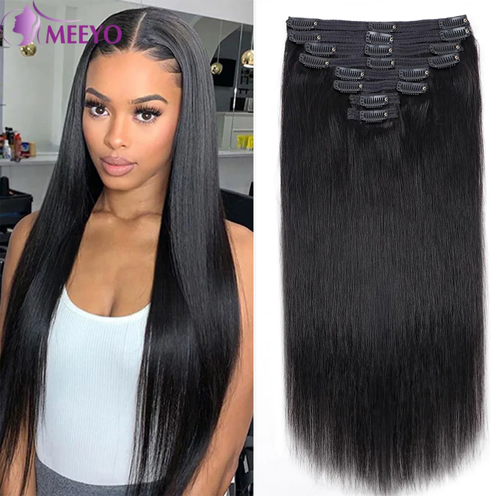 Straight Clip In Hair Extension Human Hair Natural Black Color #1B Seamless Full Head 100% Human Hair Clip In Extensions 26 Inch