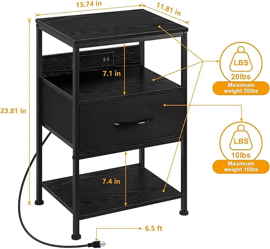 Nightstand Set of 2 with Charging Station Bed Side Table with Fabric Drawer Industrial Night Stand for Bedroom Living Room