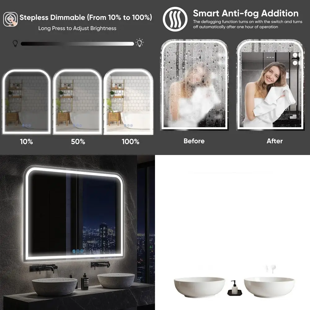 

Anti-Fog LED Lighted Vanity Mirror, 40x30 Tempered Glass, Dimmable, 3 Colors, Memory Function, White