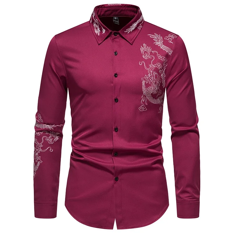 Dragon Embroidered Long Sleeve Shirt Autumn and Winter Single Breasted Slim Fit Button Retro Social Dress Shirt Street Wear