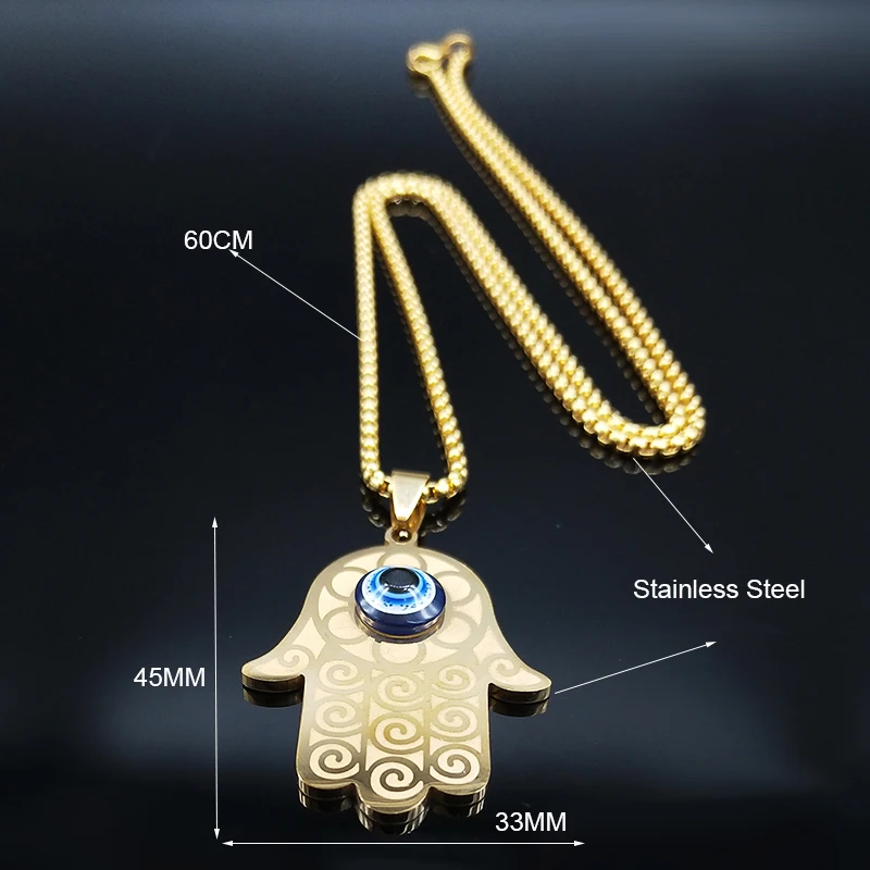 Blue Turkish Demon Eye Hamasa Hand Stainless Steel Hand of Fatima Necklace Women Men Necklace Jewelry collares mujer N1139S02
