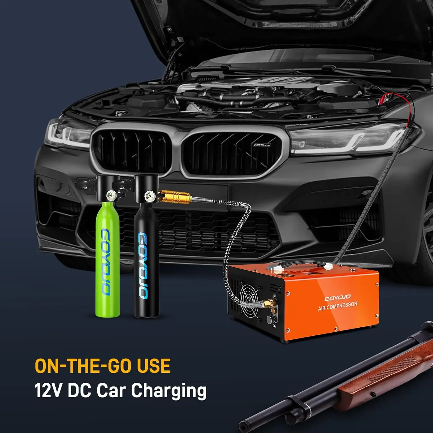 GOYOJO Compressore d'aria PCP, Max 4500 PSI / 300 Bar, riempimento rapido per pistole aeree o serbatoio di paintball, spegnimento automatico, doppia alimentazione per auto 12 V CC