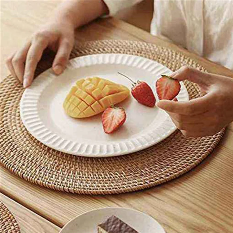 

ABHI-10X Handwoven Rattan Placemats,Round Wicker Table Mats, Natural Woven Placemats For Dinner Table,Heat Resistant Mats
