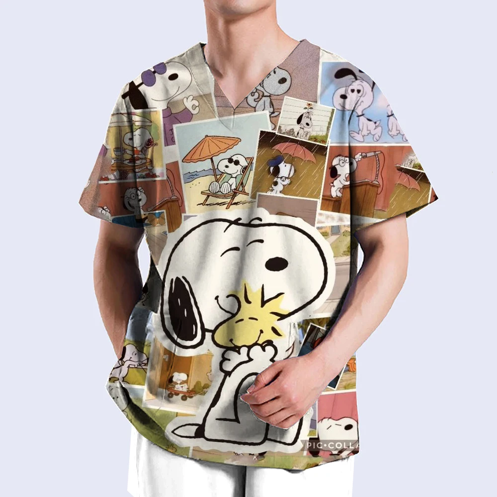 Męska sala operacyjna z nadrukiem Snoopy Medical Scrub Uniform Print Top Pet Grooming Clinic Nursing Short Sleeve Zoo Cleaning Work