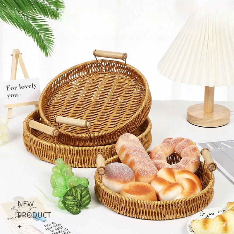

Imitation Vine Fruit Tray Steamed Bun Basket Living Room Household Storage Basket Rattan Woven Double Ear Tray