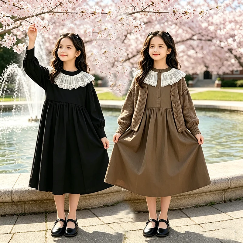 

Green Black Dress Girl 2026 Spring Fall Kid Elegant Clothing Long Sleeve Dresses For Girls Teenager Tween Party Dress Lace Lapel