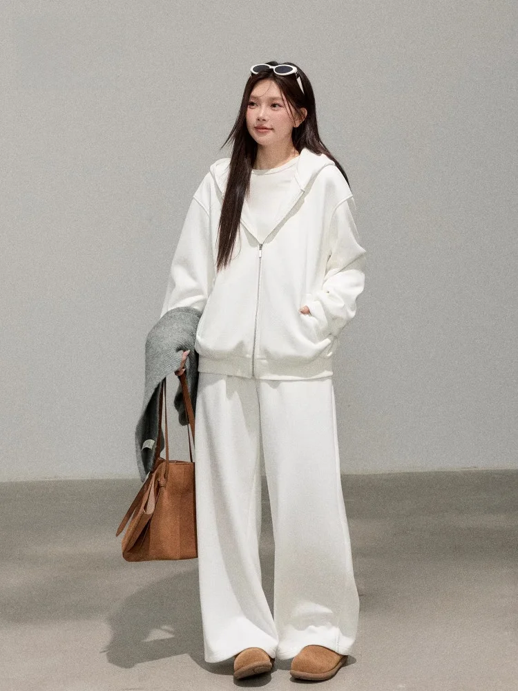 

Корейский комплект с эффектом похудения, большие размеры, женский модный комплект, широкие брюки с высокой талией, толстовка с капюшоном, повседневная одежда для девочек больших размеров