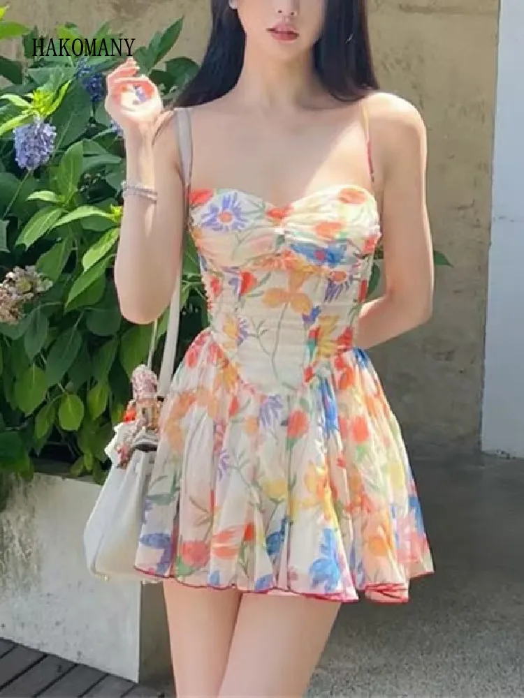 2023 Women Party Skater Short Sling Robe Vestido Sexy Orange Flower Print Ruched Chest Corset style Spaghetti Strap Mini Dress