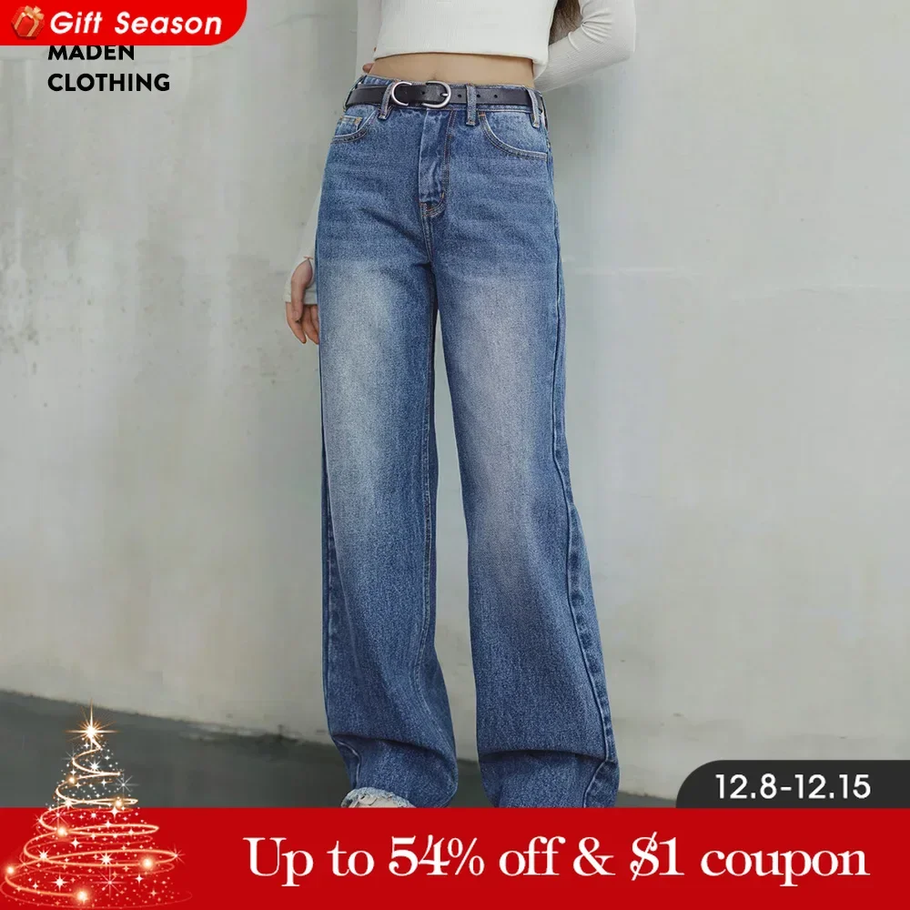 Maden Wash Blue Wide-leg Jeans for Women Autumn Straight Jeans Cotton Casual Frayed Pants Classical Denim Blue Trousers