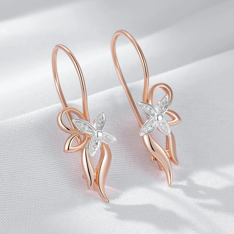 Kinel Hot Luxury Glossy Metal Flower Long Drop Earrings for Women 585 Rose Gold Silver Color Mix Daily Fine Vintage Jewelry
