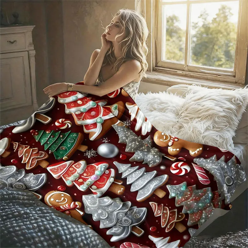 Xmas Cookie Texture Flannel Blanket Warm Soft Halloween Christmas Decorative Couch Warm Cozy All-Season Gift