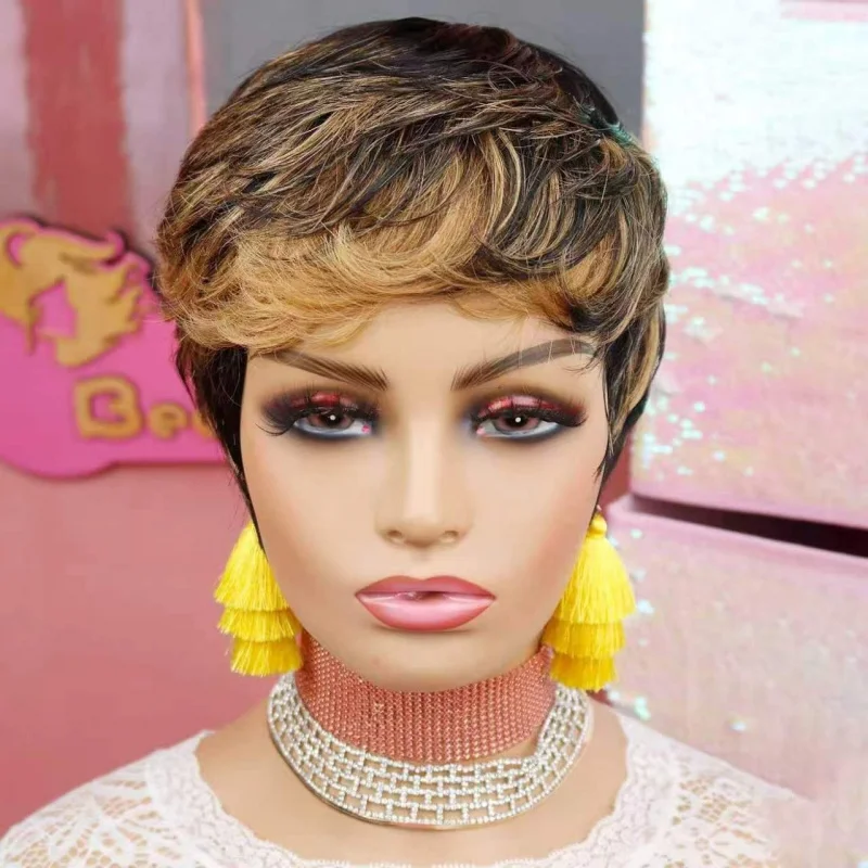 

European American women's gradient black and yellow synthetic short curly wig