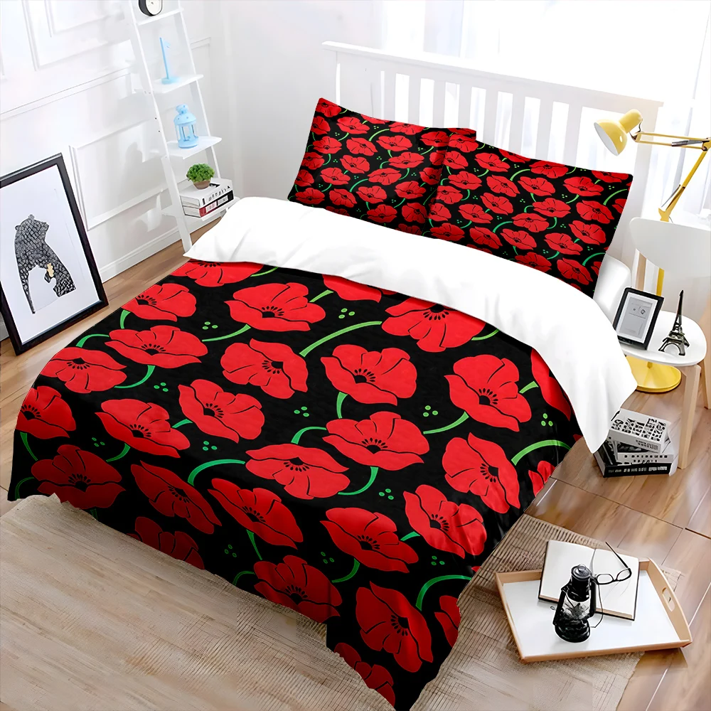 Red poppy pattern on black background Print Soft Comfortable Duvet Cover Bedding Set Included 1*Duvet Cover  2*Pillowcases
