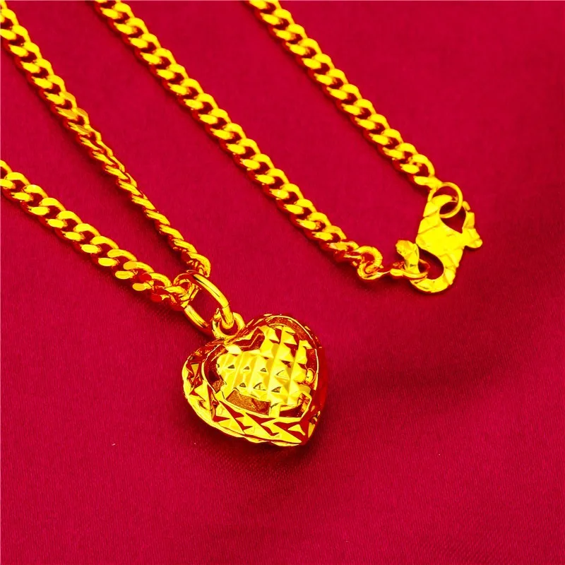 9999 gold heart-shaped necklace, ethnic style hollowed out outer chain, gold necklace, heart-shaped gold jewelry