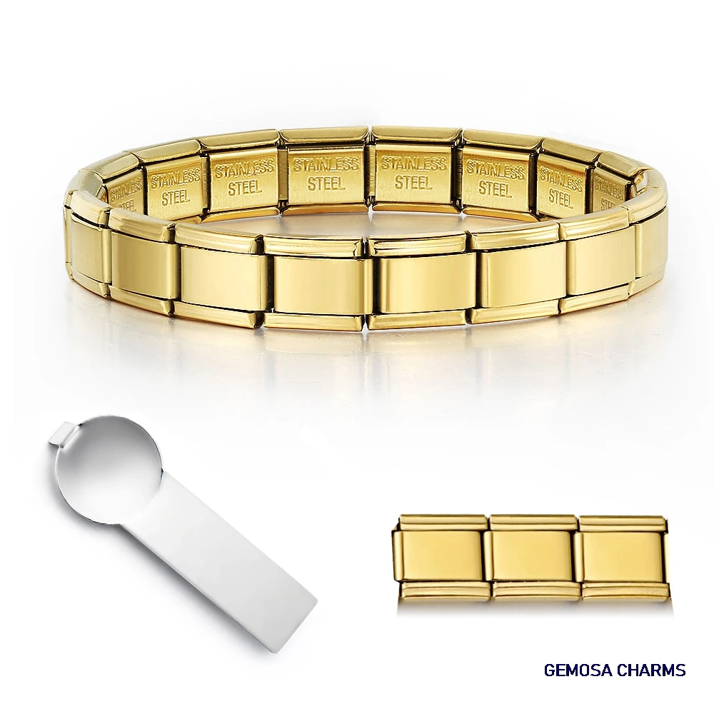 GEMOSA Fashion Men Women Gold Color Italian Charm Link Stainless Steel Bracelet Width 9mm Bangle for Male Female Jewelry Gifts