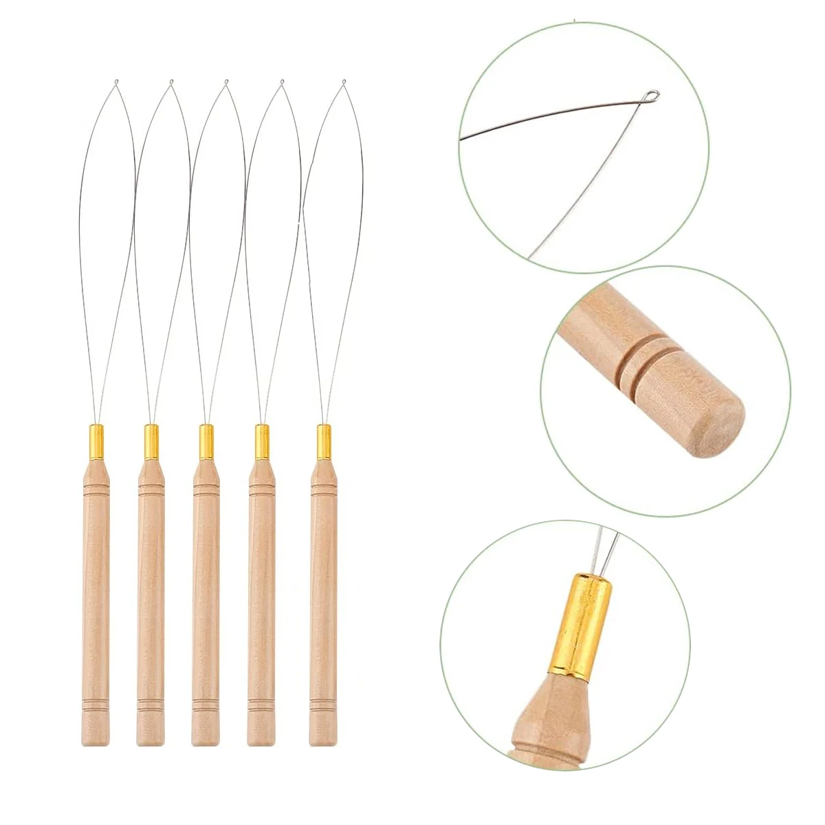 

5Pcs Wooden Handle Micro Rings Loop Tool Loop Threader Pulling Needle For Micro Rings Human Hair Feather Extension Tools