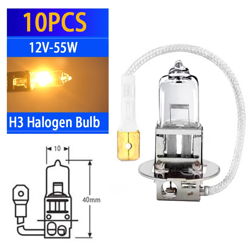 

10PCS H3 DC 12V 55W Halogen Lights Source Clear Glass Front Fog Signal Bulbs HeadLight Lamp Warm White Car Styling Parking 4300K