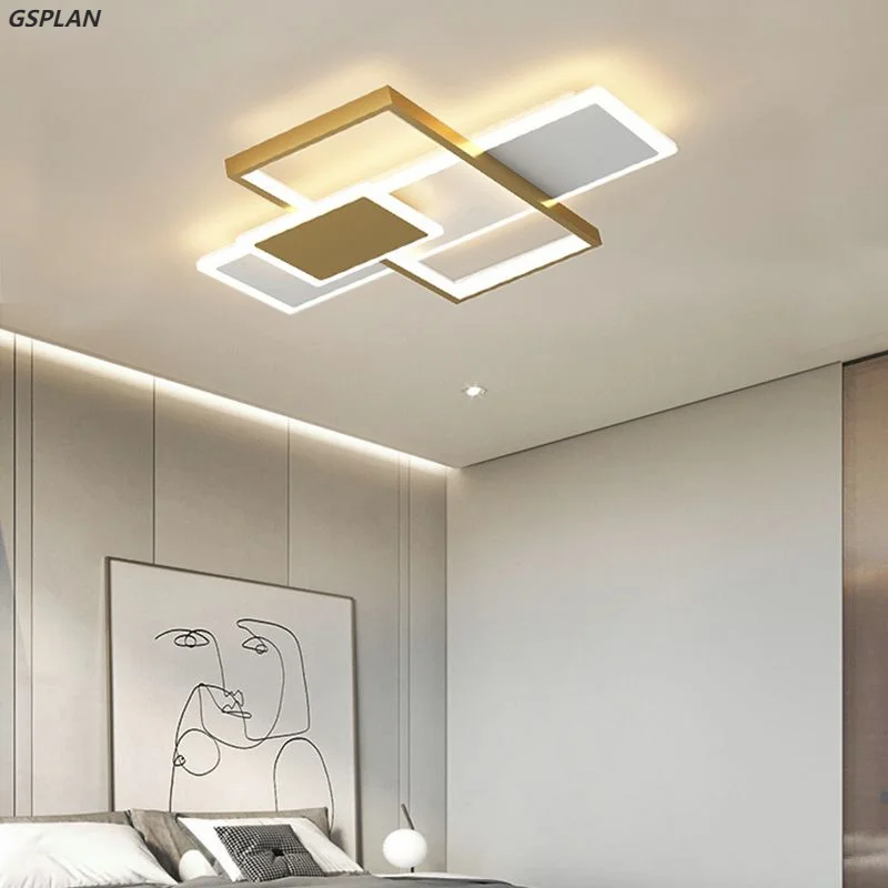 Estilo moderno LED Lustre Para Sala De Estar, Sala De Jantar, Lâmpada Do Teto Do Quarto, Retângulo Dourado, Design Simples, Luz De Controle Remoto