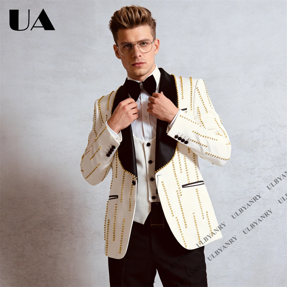 

ULBYANRY - Luxury Men's Suit Rhinestone Chain Shawl Collar Tuxedo Suit Set with Vest & Pants, Evening Prom Party Suit Attires