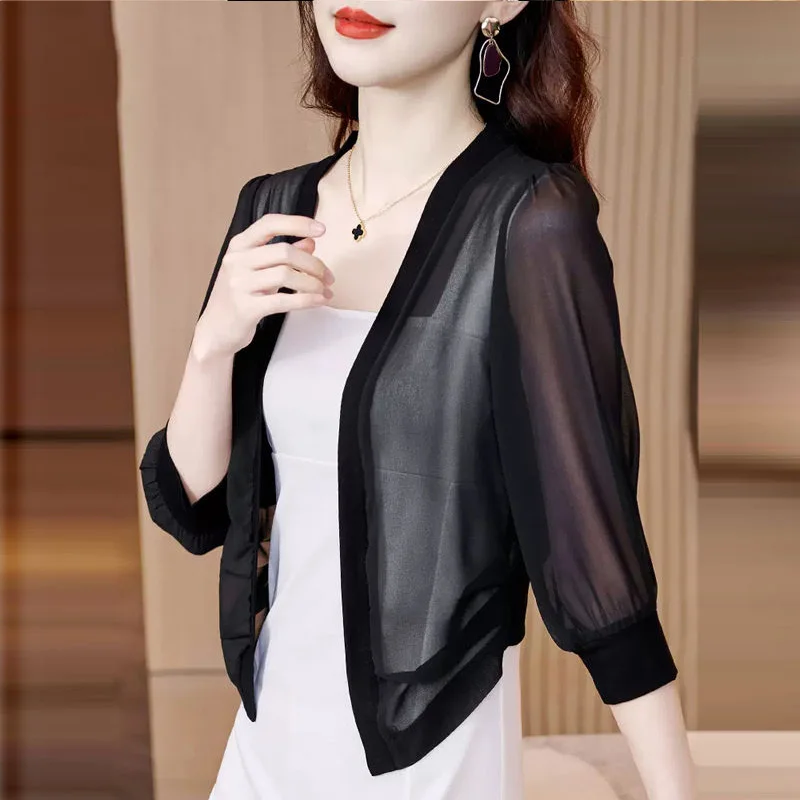 Summer Thin 3/4 Sleeve Coat Women Clothing Simplicity Solid Color Cardigan Ladies All-match Slim Top Tee New Office Lady Chiffon