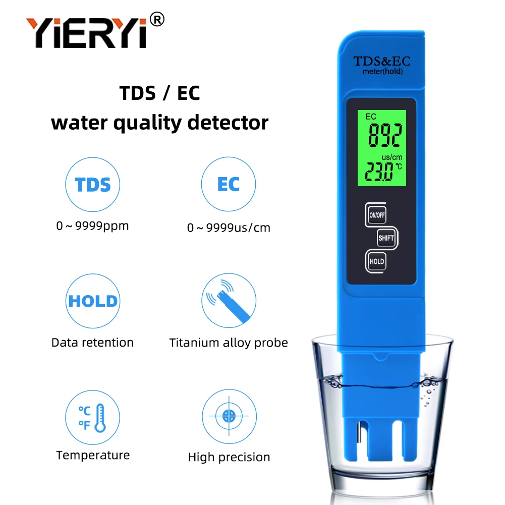 Yieryi 3 In1 EC Meter TDS Temperature Tester Conductivity Water Quality Measurement Pen 0-9999ppm for Swimming Aquariums