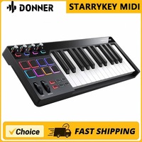 Donner STARRYKEY MIDI Keyboard Controller, 25 Keys, 7-Color Lighting, Backlit Pads, MIDI Out & Pedal Interface, A great beginner