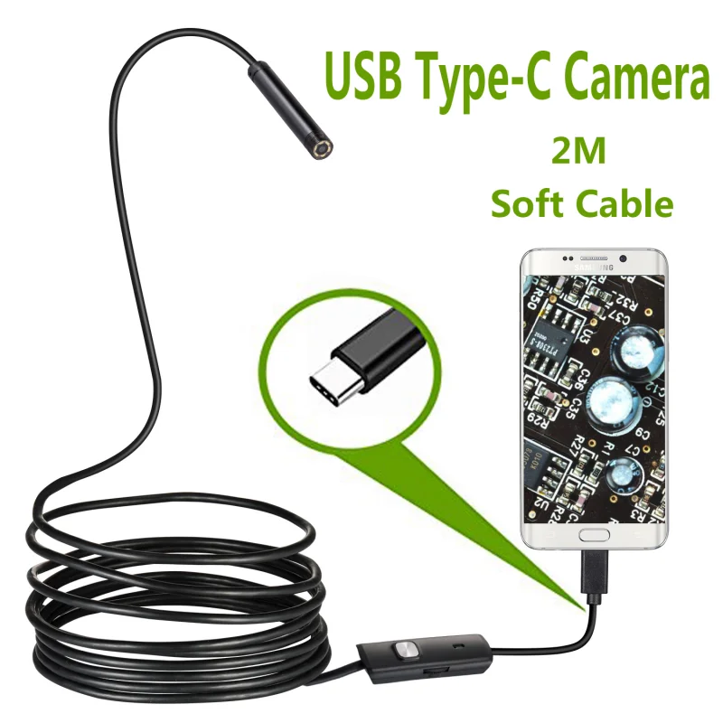 Neueste 7,0 mm USB Typ-C Endoskopkamera Android PC 2 m flexible Schlangeninspektionsumfang Endoskopkamera mit 6 LEDs einstellbar