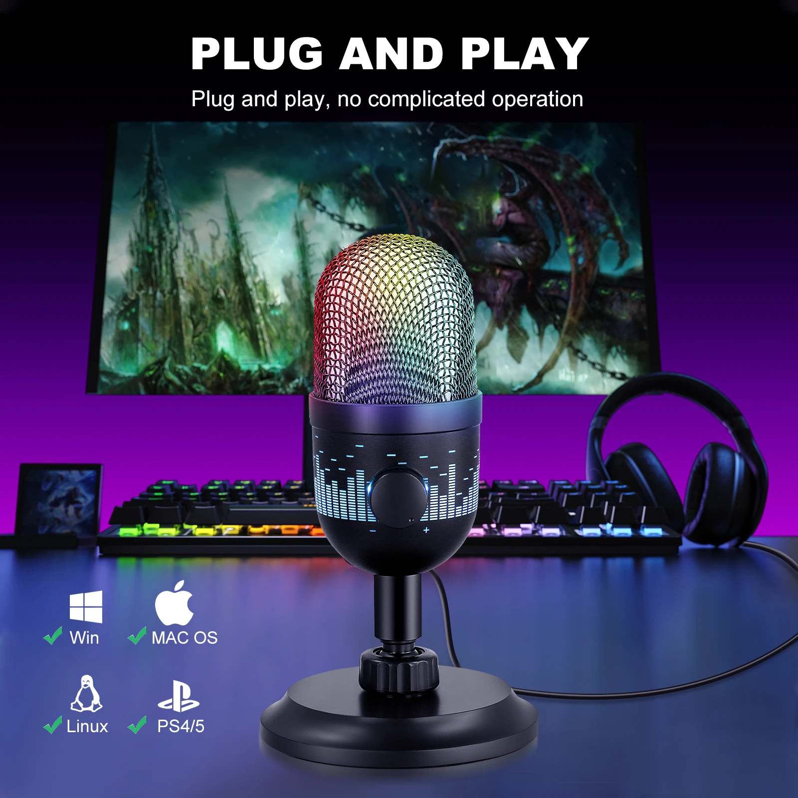 

RGB Light USB Microphone, AK-1i Gaming Microphone For PC, Mac,PS4/5,Podcast Microphone With RGB,Great For Recording, Streaming