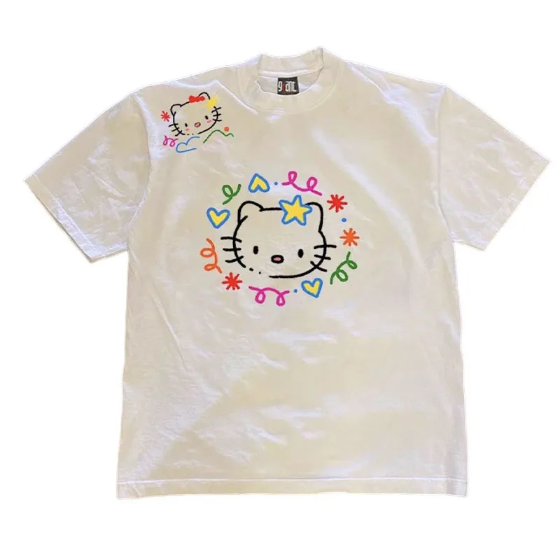 New Hello Kitty Summer with Short Sleeves Couple Model for Men and Women Y2K Pure Cotton Fabric T-Shirt Kitten with A Headdress