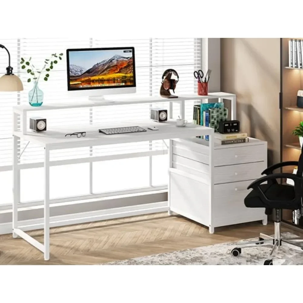 63 Inch Computer Desk with File Drawer Cabinet, Ergonomic Office Desk with Monitor Stand, Computer Table with Printer Space