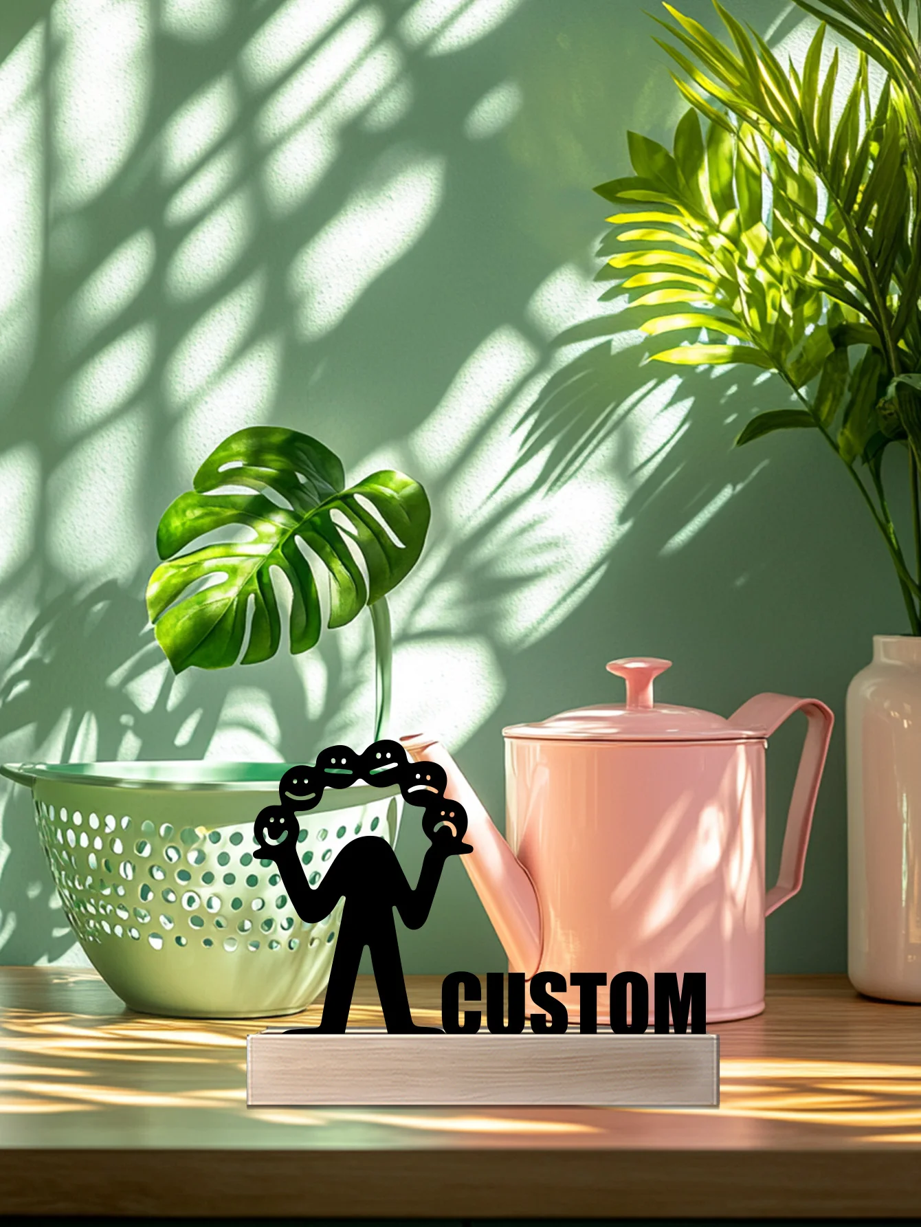 1pc Simple face Custom Name Metal Statue Metal Ornament With Wood Base Tin Sculpture Art Crafts With Wood Base