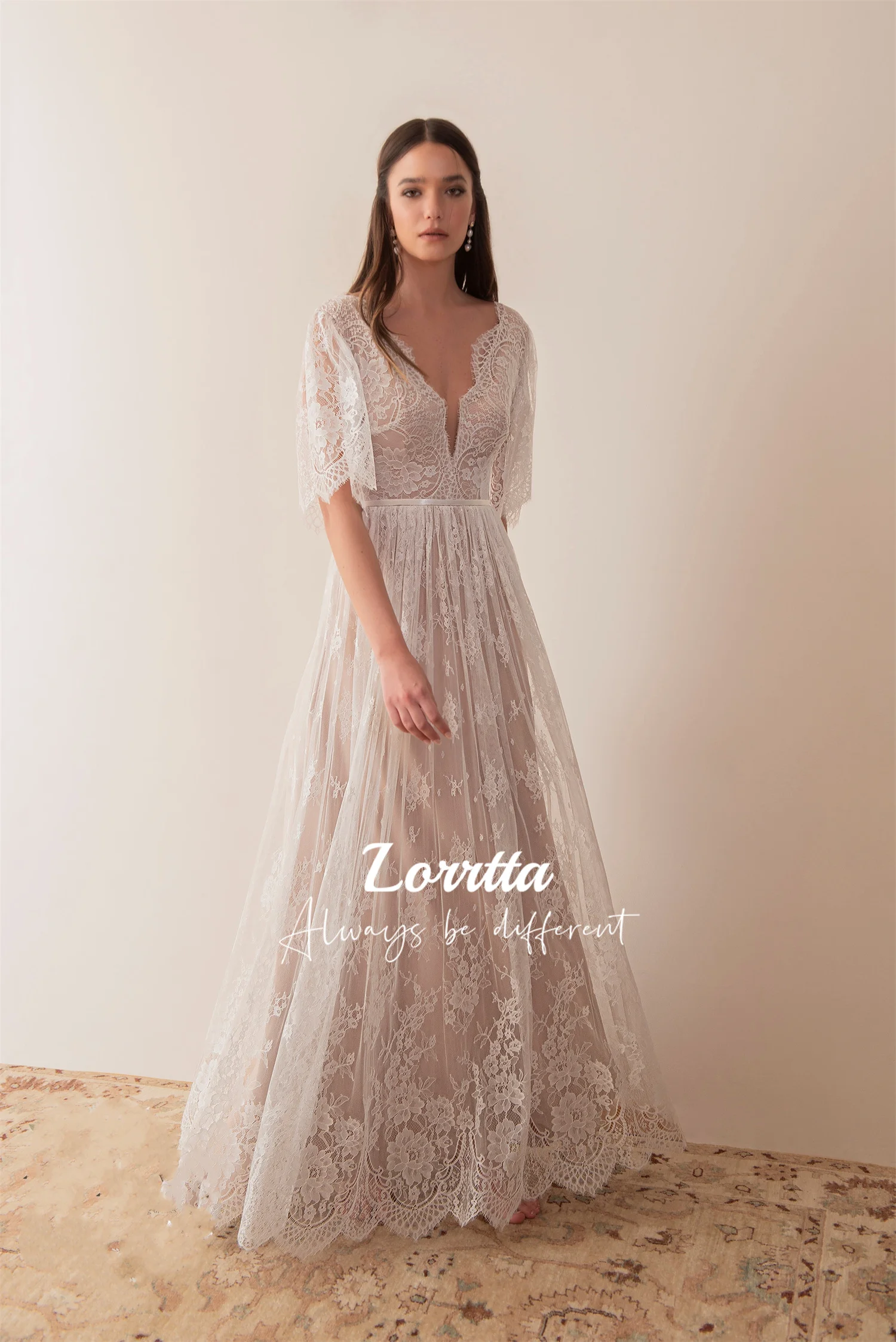 Lorrtta Lace A Line Wedding Dress Half Sleeve Wedding Dress V Neck Backless Bridal Gown Gala Dresses Woman Long Evening Women's