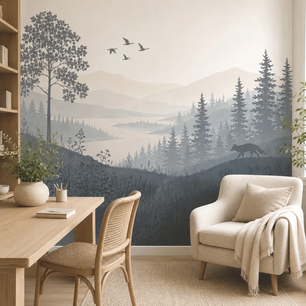Watercolor Mountain Forest Fox Wall Mural, Lake & Pine Tree Background Wall Decor, Requires Glue Installation