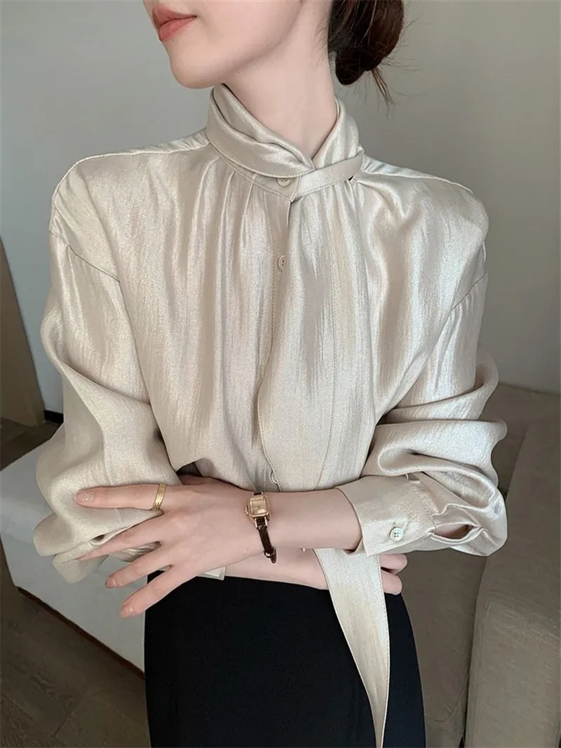 

New Autumn Elegnat Office Lady Blouse Women Half Turtleneck Long Sleeve French Fashion Shirts Chic Soft Solid Color Top